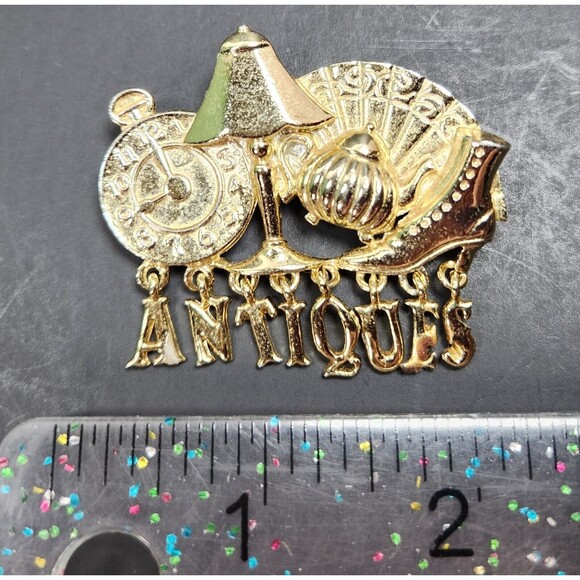 Vintage AJC Antiques Brooch Pin Gold Tone Spell Out Letter Charms 2.25 in. Long - Picture 6 of 9
